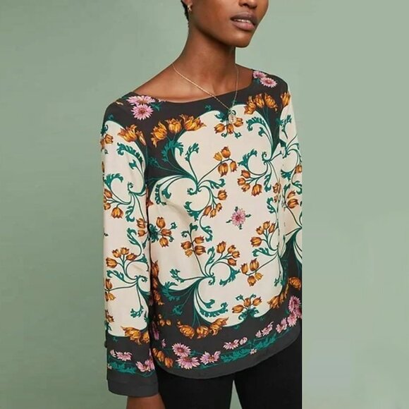 Anthropologie Maeve Florence Floral Boatneck Silk Top size 10 - Picture 2 of 10